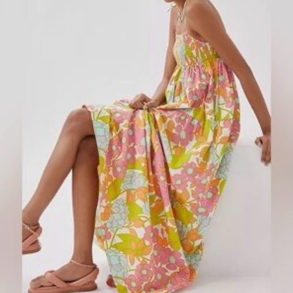 Floral Smocked Midi Dress in Pink & Green